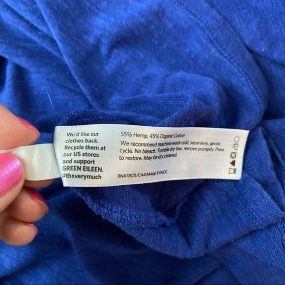 Eileen Fisher Blue V Neck Short Sleeve Hemp Cotton Swing Dress - Picture 8 of 9